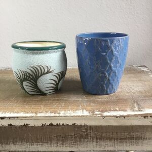 Planter bundle - blue quatrefoil pattern pot and green feather hand painted pot